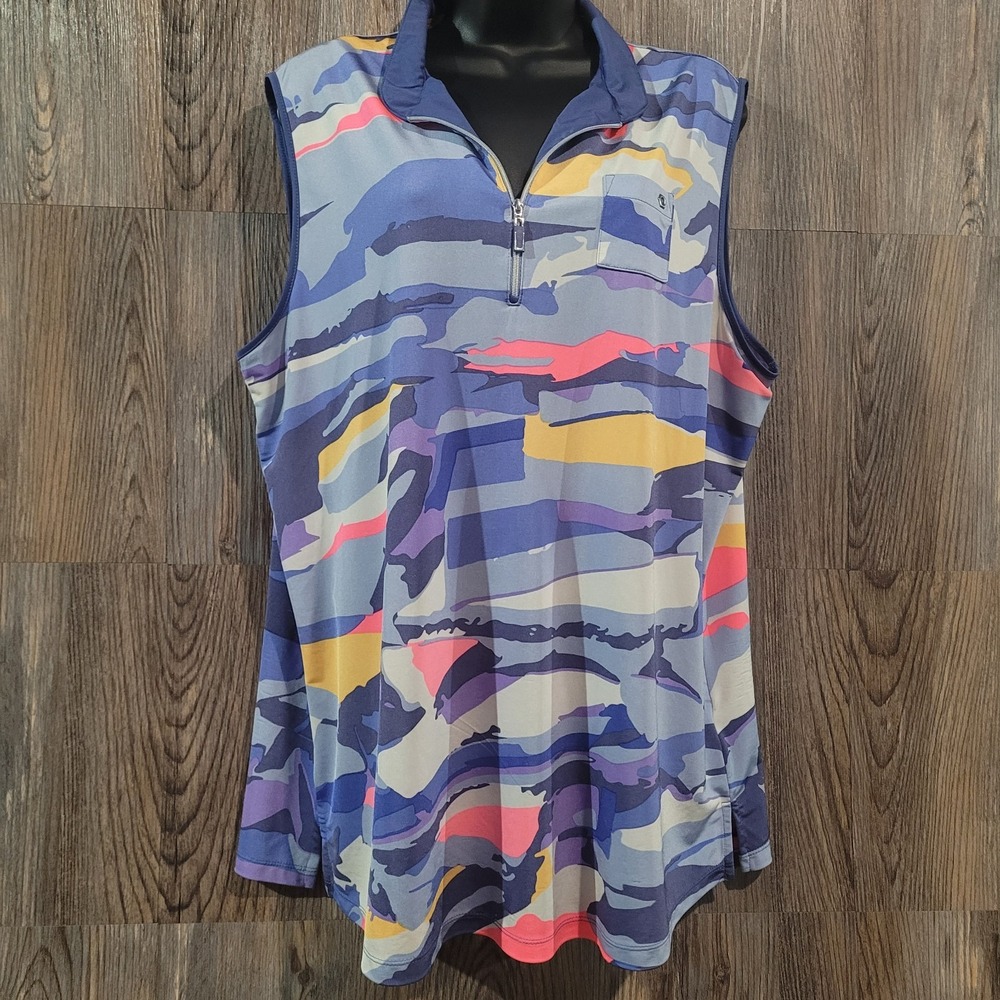Jamie Sadock 1/4 Zip Sleeveless Golf Shirt XXL 2XL Blue Multi Abstract Artsy